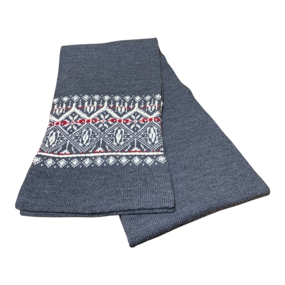 Eddie Bauer Gray Knit Scarf with Red and White Pattern